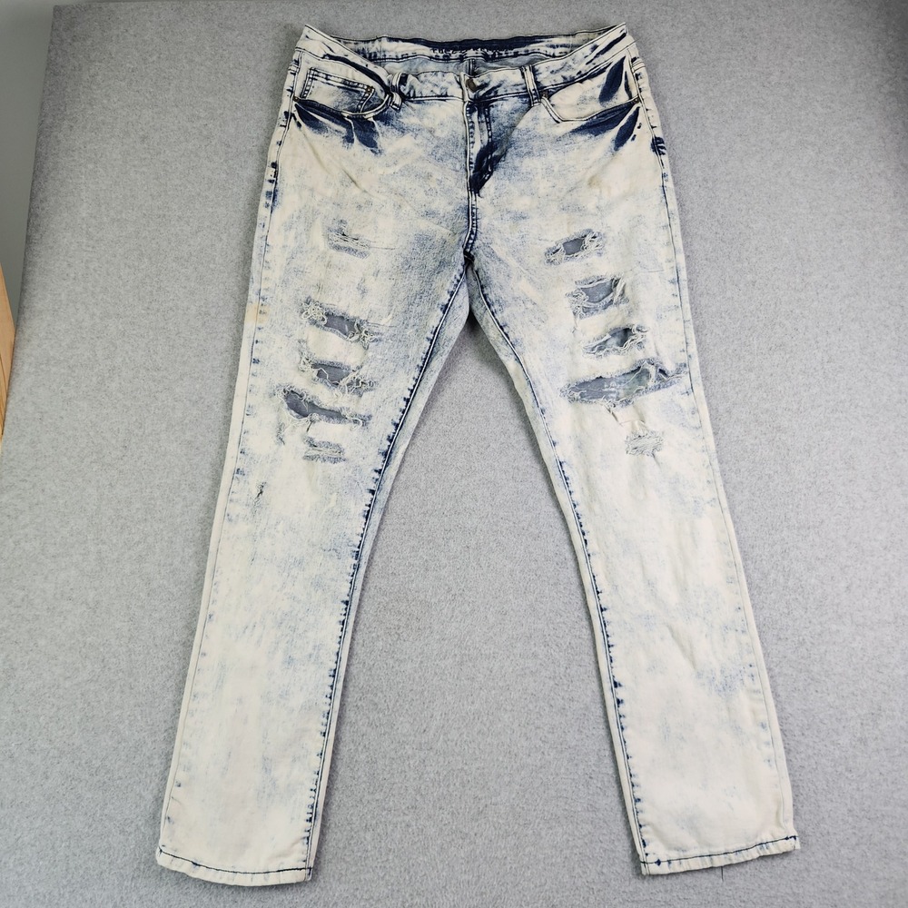 True Rock Jeans Mens 36/32 Blue Denim Acid Wash Distress Slim Taper Supreme Flex